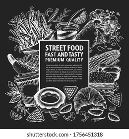 Hand drawn street food banner. Vector fast food illustrations on chalk board. Vintage junk food background