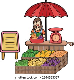 Hand Drawn Street Food fruit stall illustration isolated on background