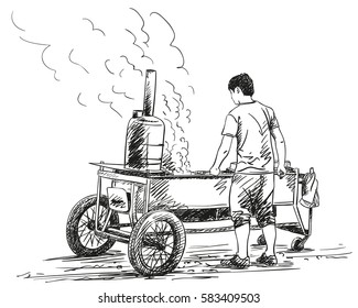 Hand drawn street food, Man fries kebab on grill on wheels with thick smoke, Vector illustration