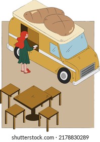 Hand drawn street food selling concept. Food truck bakery selling with eating area flat vector illustration background.