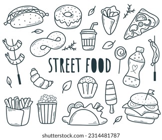Hand drawn street food set. Fast food ink sketch. Simple food snack takeaway doodle style, isolated vector illustration