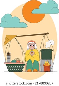 Hand drawn street food vendor concept. Peddler selling noodles flat vector illustration background.