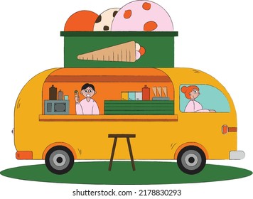 El concepto de vendedor ambulante de comida a mano. Helado de camión de comida vendiendo fondo de ilustración plana vectorial.