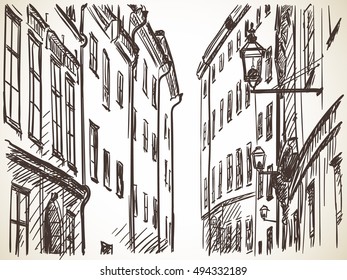 Hand drawn Street Old town Gamla Stan in Stockholm Vector sketch