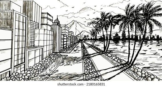 Hand Drawn, Street View And Coconut Trees By The Sea And Buildings On The Other Side With One Vanishing Point Perspective