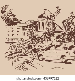 Hand drawn street view. Retro style.Summer illustration.European old building.
