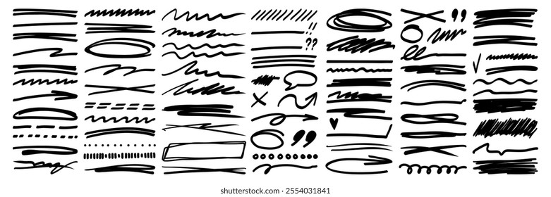 Hand drawn strikethrough, highlight markers, swirl, arrows and squiggles lines asset. Crosses, curved and trendy scribble brush strokes. Isolated vector illustration.