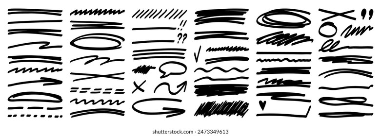 Handgezeichnete Strike-Through- und Squiggles-Linien für Asset. Kreuze, geschwungene und trendige Kritzel Pinselstriche. Isolierte Vektorillustration. Keine KI.