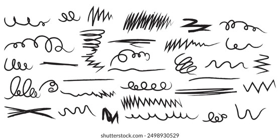 Hand drawn strikethrough and squiggles lines asset, curved and trendy scribble brush strokes. Marker pen Underline and strikethrough strokes for Note book, wavy highlight markers