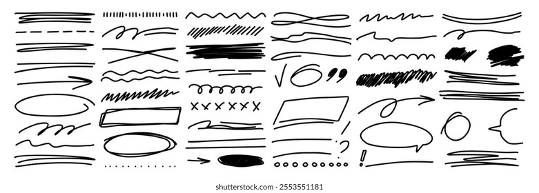 Hand drawn strikethrough and squiggles lines asset. Crosses, curved and trendy scribble brush strokes. Isolated vector illustration