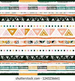 Hand drawn stripe seamless with simple Scandinavian ornament. Nursery geometric chevron vector pattern. Polka dot elements