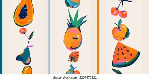 Hand drawn striped abstract artistic cute fruits pattern. Collage playful contemporary print. Fashionable template for design.