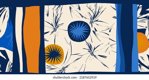 Hand drawn striped abstract floral sketchy pattern. Collage contemporary print. Fashionable template for design.