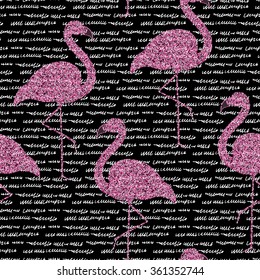 Handgezeichneter, gestreifter Hintergrund mit rosafarbenem Glitzer-Flamingo. für Textilien, Umhüllungen, Tapeten