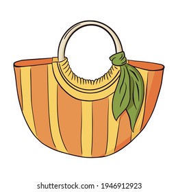 Bolsa de playa de rayas dibujada a mano con un icono de pañuelo verde. Ilustración vectorial aislada de la bolsa naranja y amarilla de las mujeres. Bolsa de mujeres coloridas de verano de estilo plano