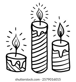  Hand drawn striped candle. Burning candle light doodle