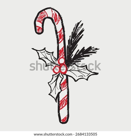 Hand drawn striped caramel cane decorated with holly berry and pine tree branch. Vector sketch illustration in vintage crayon style. Merry Christmas decoration greeting card design