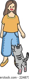 Hand Drawn striped cat begging owner illustration in doodle style isolated on background