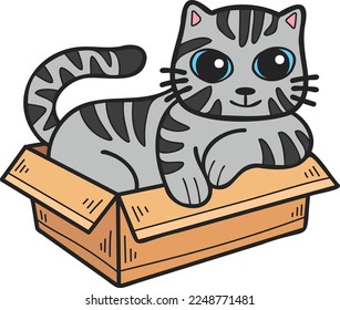 Hand Drawn striped cat in box illustration in doodle style isolated on background