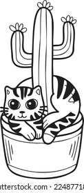 Hand Drawn striped cat and cactus illustration in doodle style isolated on background
