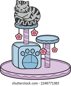 Hand Drawn striped cat with cat climbing pole illustration in doodle style isolated on background