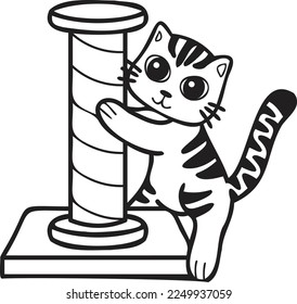 Hand Drawn striped cat with cat climbing pole illustration in doodle style isolated on background