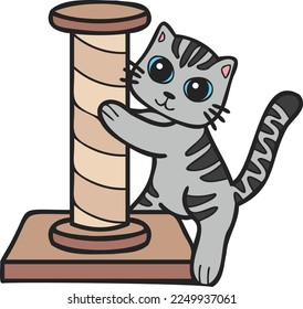 Hand Drawn striped cat with cat climbing pole illustration in doodle style isolated on background