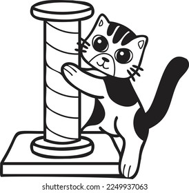Hand Drawn striped cat with cat climbing pole illustration in doodle style isolated on background
