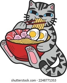 Hand Drawn striped cat eating noodles illustration in doodle style isolated on background