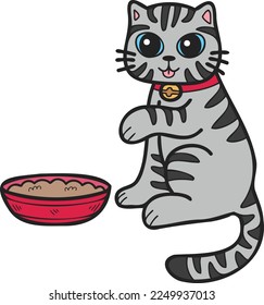 Hand Drawn striped cat eating food illustration in doodle style isolated on background