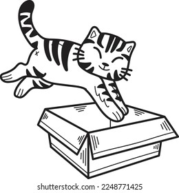 Hand Drawn striped cat jumped into the box illustration in doodle style isolated on background