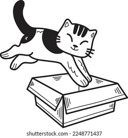 El gato rayado de mano saltó en la ilustración de la caja al estilo doodle aislado en el fondo