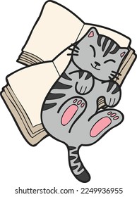 Hand Drawn striped cat lying on stack of books illustration in doodle style isolated on background
