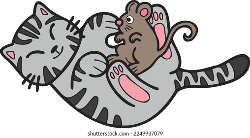 Dibujo a rayas de mano del gato y el ratón en estilo doodle aislado en el fondo