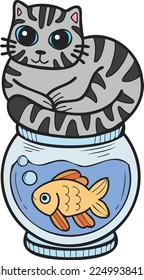 Hand Drawn striped cat on Fish Bowl illustration in doodle style isolated on background