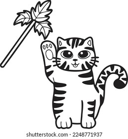 Hand Drawn striped cat playing with toys illustration in doodle style isolated on background