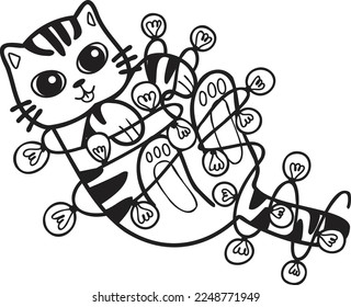 handgezeichnete, gestreifte Katze, die mit einer Glühbirne spielt, im Doodle-Stil einzeln auf Hintergrund
