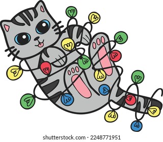 Hand Drawn striped cat playing with light bulb illustration in doodle style isolated on background
