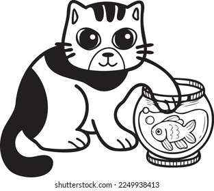 Hand Drawn striped cat playing with fish illustration in doodle style isolated on background