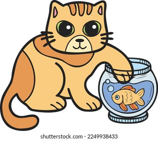 Hand Drawn striped cat playing with fish illustration in doodle style isolated on background