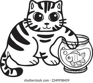 Hand Drawn striped cat playing with fish illustration in doodle style isolated on background