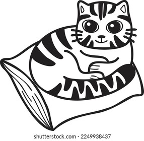 Hand Drawn striped cat sleeping on pillow illustration in doodle style isolated on background