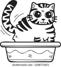Mano Dibujar gato rayado con ilustración de la bandeja en estilo doodle aislado en el fondo