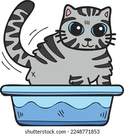 Hand Drawn striped cat with tray illustration in doodle style isolated on background