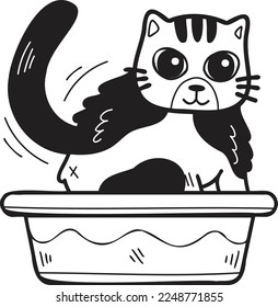 Mano Dibujar gato rayado con ilustración de la bandeja en estilo doodle aislado en el fondo