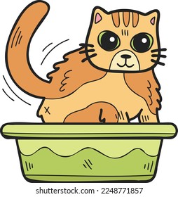 Mano Dibujar gato rayado con ilustración de la bandeja en estilo doodle aislado en el fondo