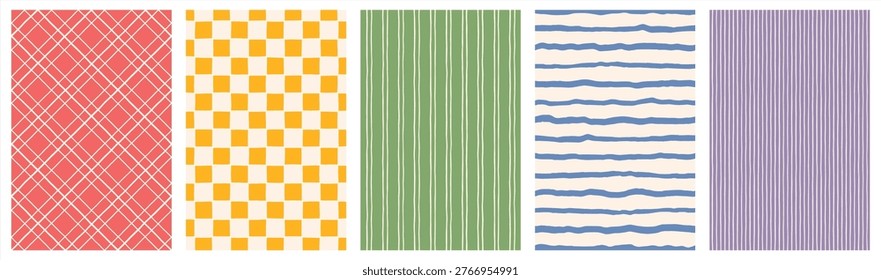 Hand drawn striped checkered checkerboard geometric background set. Doodle uneven artistic wavy lines, straight diagonal pinstripes stripes bars streaks lines waves. Check plaid grid rectangle patterns colllection