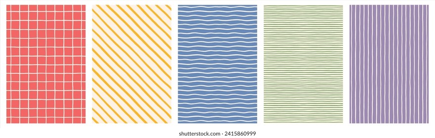 Hand drawn striped, checkered geometric background set, collection. Doodle, uneven artistic lines, straight and diagonal pinstripes, stripes, bars, streaks, waves. Check, plaid rectangle retro pattern