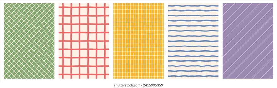 Hand drawn striped, checkered geometric background set, collection. Doodle, uneven artistic lines, straight and diagonal pinstripes, stripes, bars, streaks, waves. Check, plaid rectangle retro pattern