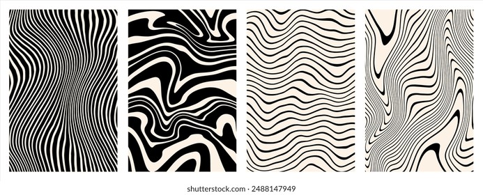 Hand drawn striped groovy abstract backgrounds, rectangle patterns set. Black and white templates collection. Distorted curved uneven winding stripes, warped streaks, fluid wavy curved lines, waves.